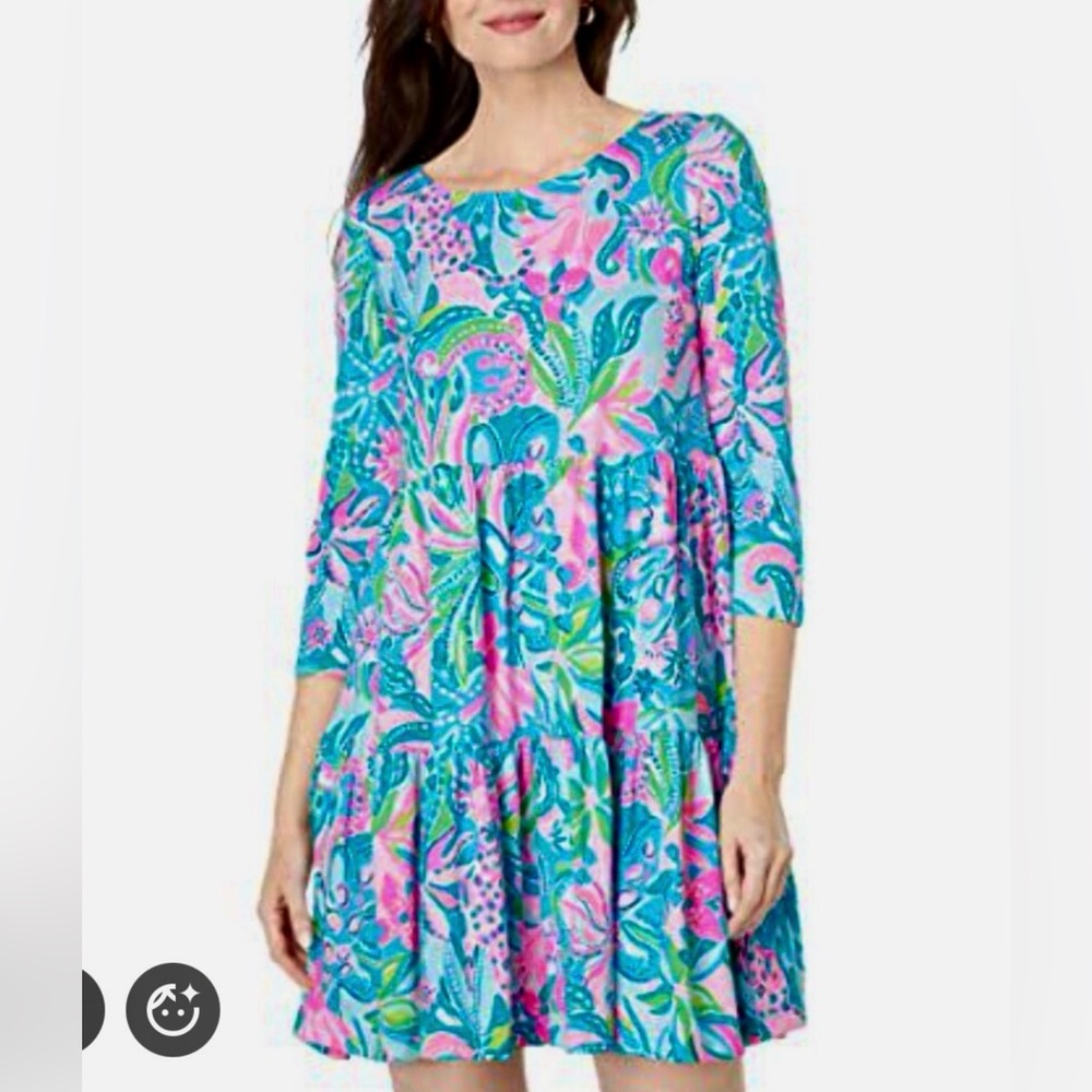 Lilly Pulitzer Geanna Cotton Swing Dress in Turquoise Oasis Golden Hour EUC  XL